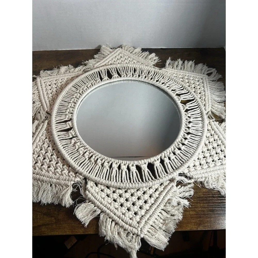 Boho Macrame Wall Mirror Round Fringe Woven Cotton Decor 20” Handmade Chic Home